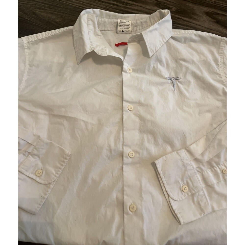 TESLA Men's White Long Sleeve Dress Shirt Button Front Logo Size XL